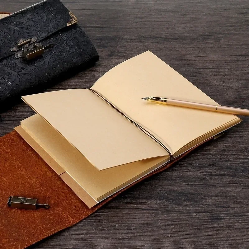 Embossed Pattern Soft Leather Travel Notebook with Lock and Key Diary Notepad Paper for Business Sketching Office Supplies Gift