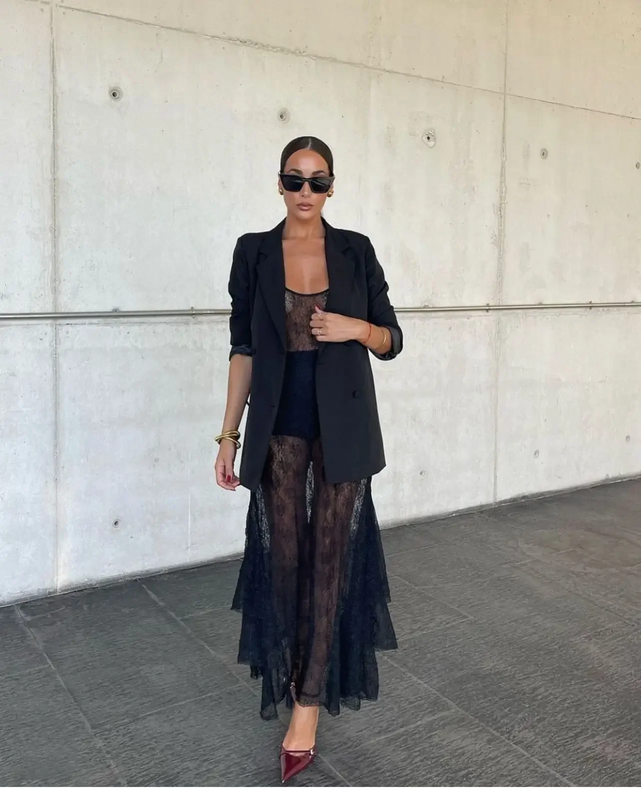 2025 Spring Summer Fashion Women Black Lace Maxi Dress Sexy See Through Slim Party Dresses Spaghetti Strap Ruffle Long Dress