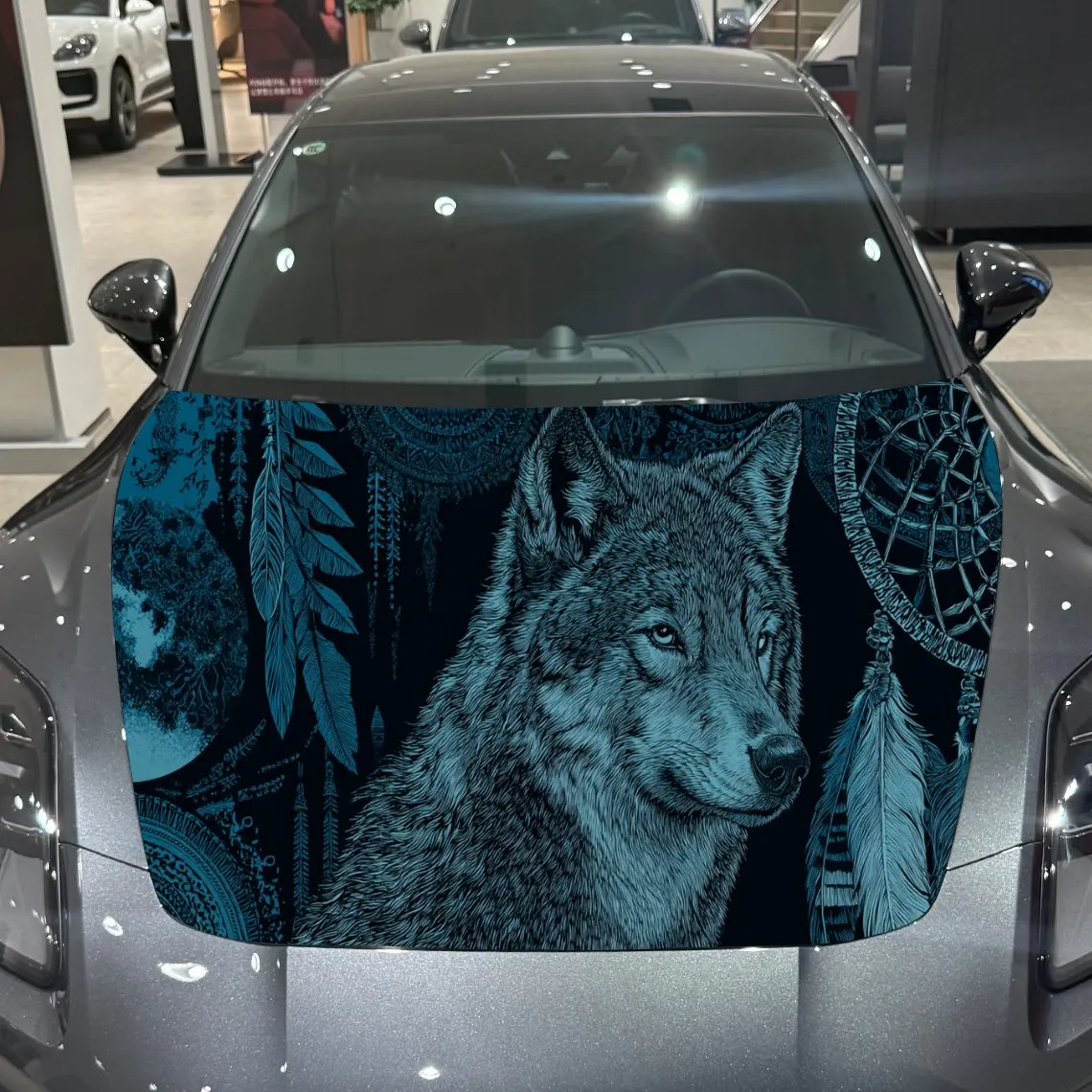 

Car Decal Wolf with Dreamcatcher and Feather Artistic Background & Mystic-Ethnic Visual Details Car Hood Sticker, Waterproof Sel