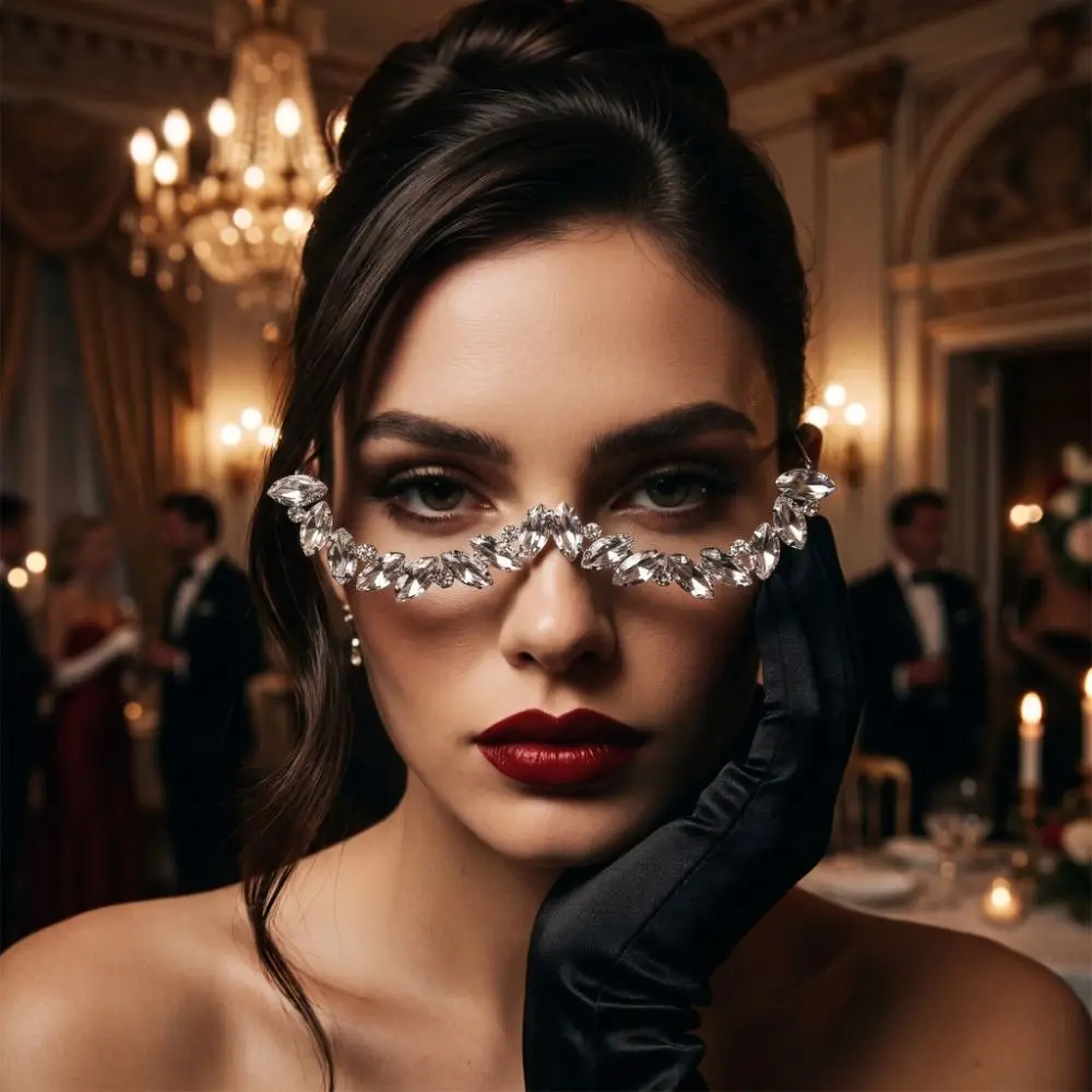 Waterdrop Shape Rhinestone Eyeglass Frame Zircon Crystal Glitter Mask Decoration Sparkly Face Jewelry Half Frame Glasses Chain