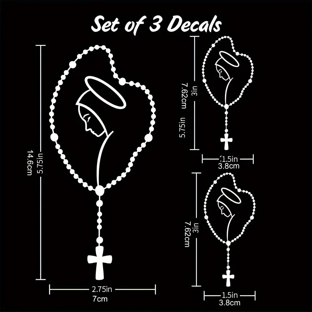 3Pcs/Set Virgin Mary Rosary Heart Sticker, Waterproof Vinyl Catholic Religious Decal for Car Window