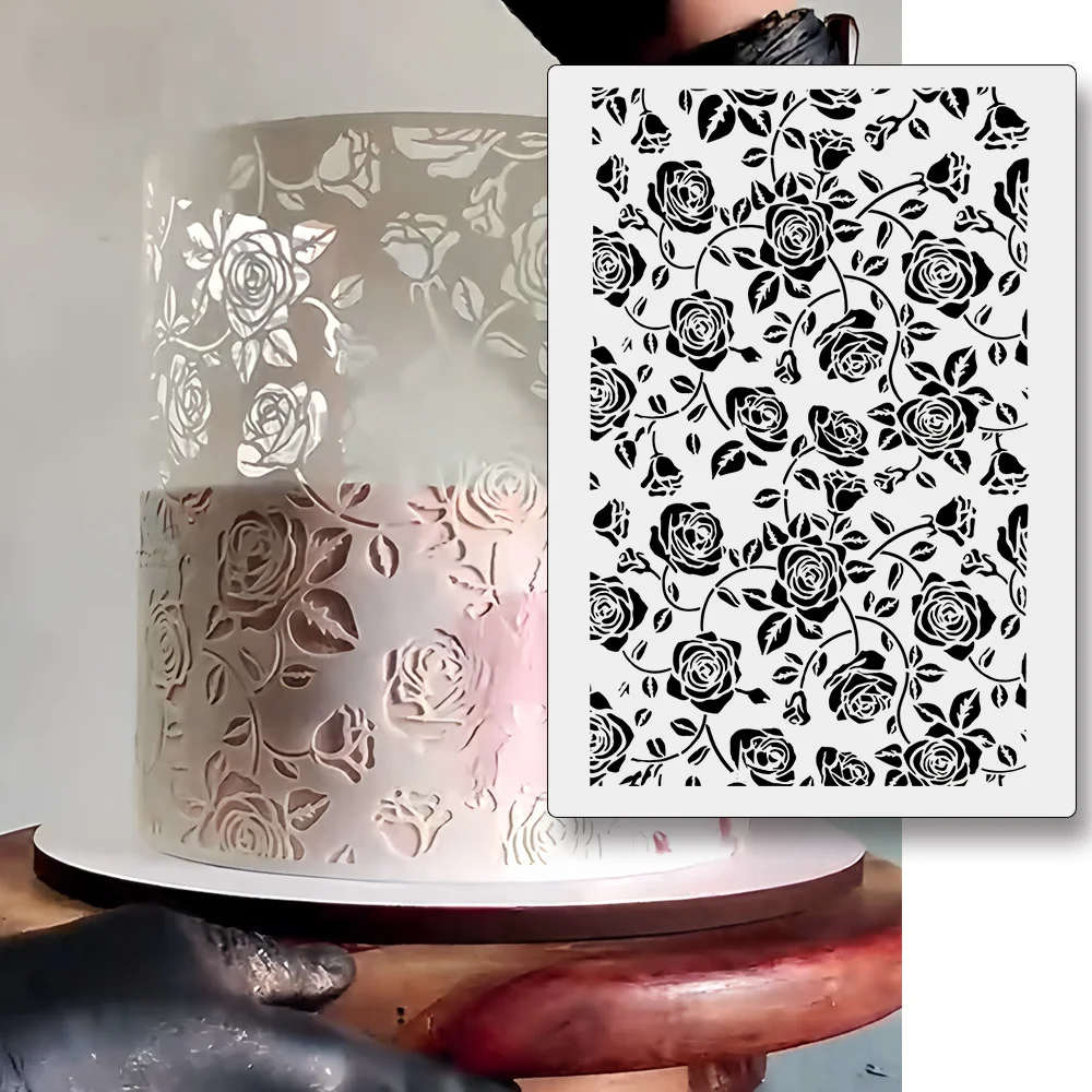 Food Grade PET Cake Stencil Template Rose Bush Design, Reusable Baking Decorating Mold for Sugarcraft, Scrapbook & DIY Painting