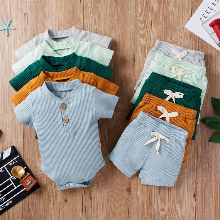 

2025 New Summer Newborn infant Baby Boy Knitted Clothes Set Short Sleeve Romper Bodysuit Top and Shorts Casual Outfit for Boys