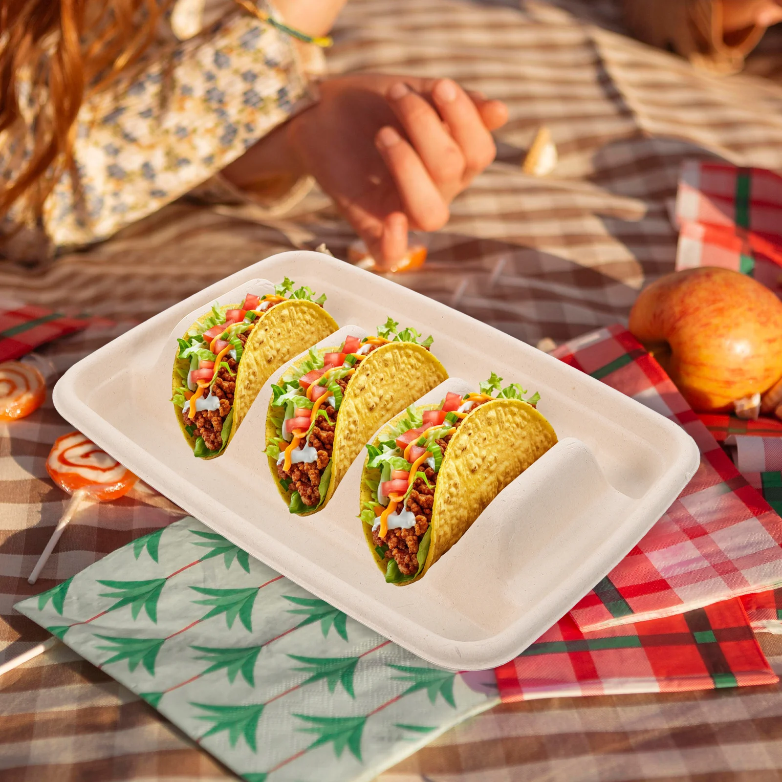 

50pcs Disposable Taco Trays 3-Compartment Pulp Fiber Taco Holder Set For Party Food Tray Sushi Display Rack Snack Serving