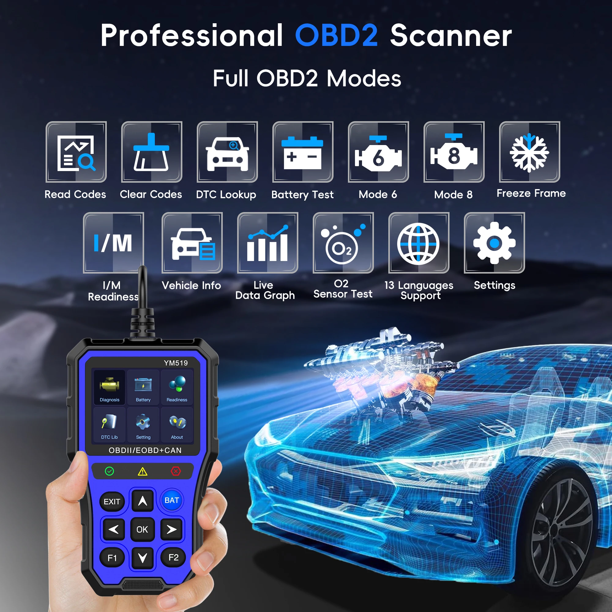 OBD2 Scanner Diagnostic Tool, Car Code Reader with Check Engine Light Reader, Live Data, I/M Readiness, Battery Voltage Test