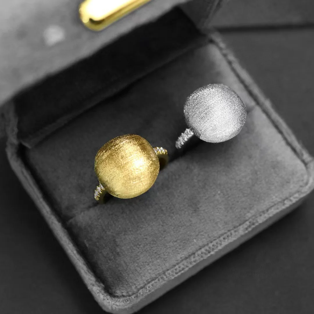 

Handcrafted Fashion 925 Silver Brushed Finish Cushion Chunky Adjustable Ring Genderless Gold Satin Rigato Finger Band Jewellery