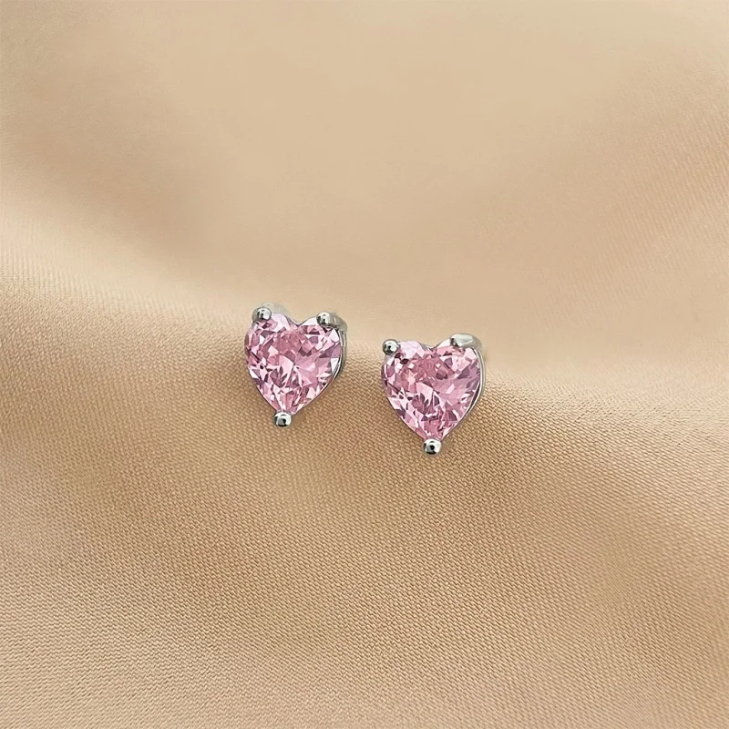 Pink Color CZ Crystal Stud Earrings for Women Korean Sweet Jewelry Female Birthday Friend Christmas Gift