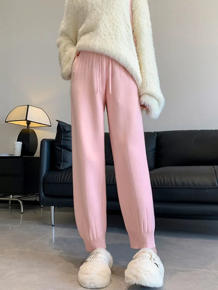 Women Casual Harem Pants Loose Trousers For Women Knitted Pants Autumn Winter Solid Color Sweater Trousers With Pockets