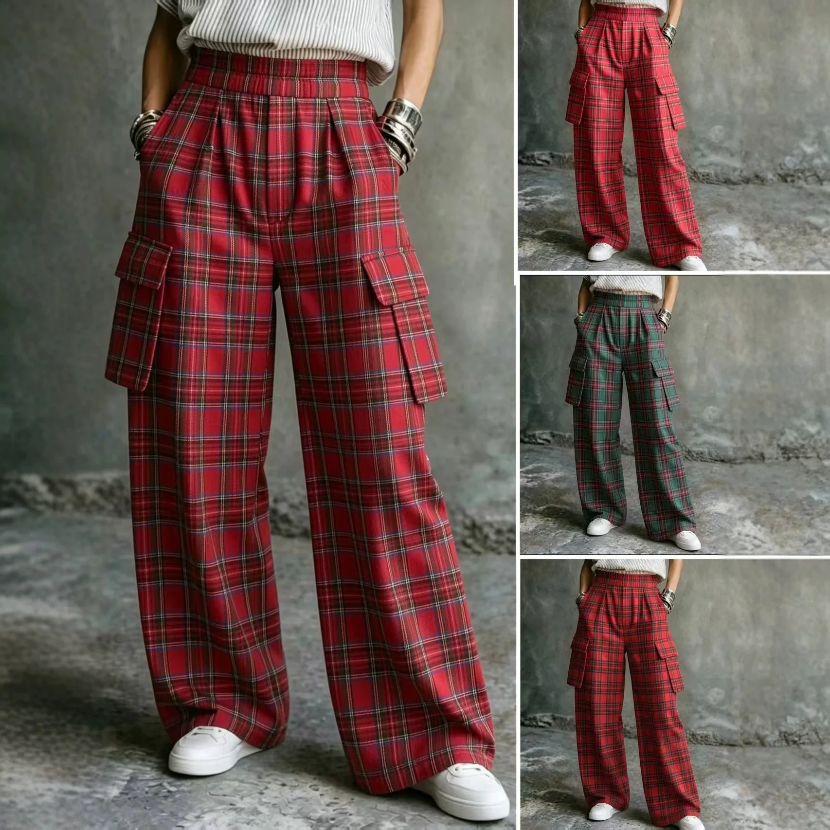 Women High Waist Y2k Loose Straight Leg Pants Lady Korean Harajuku Baggy Wide Leg Trousers Female Casual Grunge Red Plaid Slacks