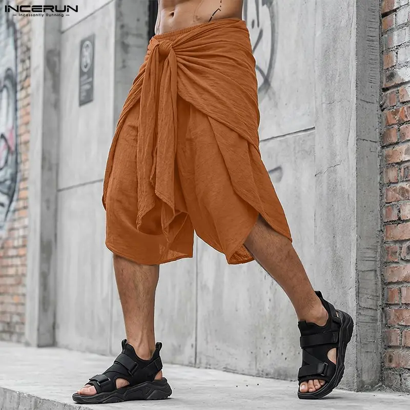 

INCERUN Men Pants Solid Color Lace Up Loose Joggers Casual Calf-length Pants For Man Streetwear 2026 Fashion Trousers Pantalones