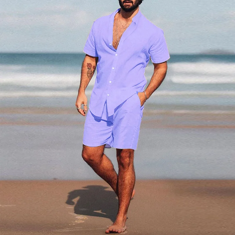 2026 Sommer Herren Einfarbiges Hawaii-Zweiteiler-Set Stehkragen Kurzarm-Hemd Strandshorts Hochwertige Lockere Streetwear – Detail 3