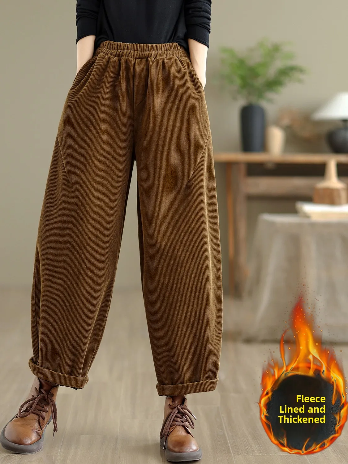 Pantalones de pierna ancha de pana con forro de Fce de cintura alta, pantalones informales sueltos de talla grande con cintura elástica para mujer, novedad de Otoño Invierno