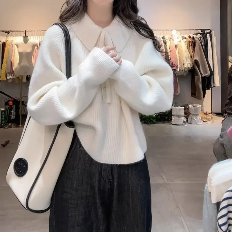 Polo Necklace Sweater Women Winter Loose Loose Knitted Top