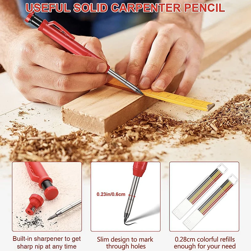 Solid Carpenter Pencil with Refill Built-in Sharpener Mechanical Woodworking Construction Pencil Line Drawing Marker Supplies