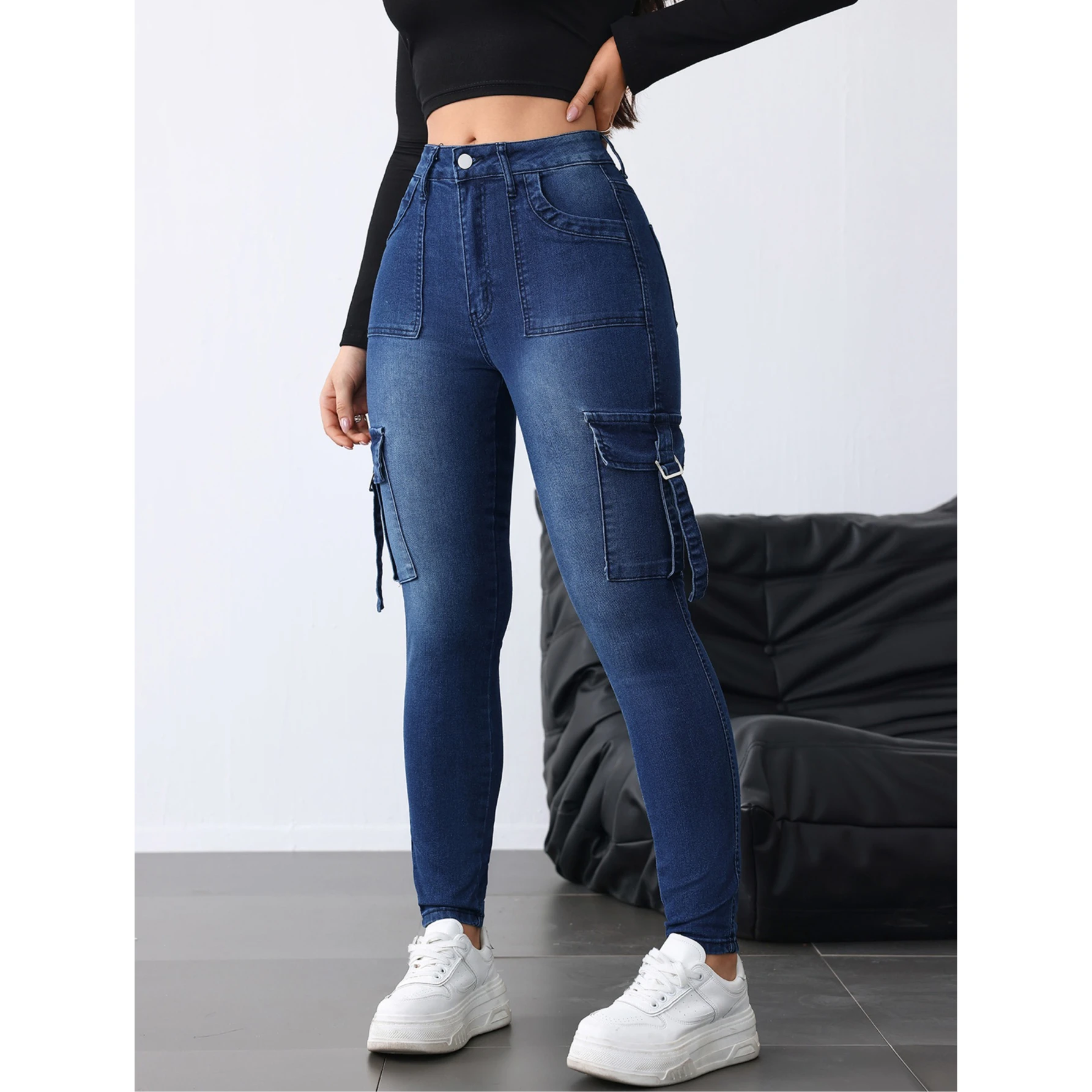 Women Stretch Skinny Pencil Jeans European Fashion Flap Pocket Cargo Slim Fit Daily Denim Trousers