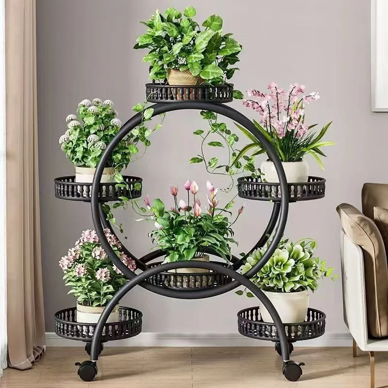 Flower stand living room floor-to-ceiling movable with wheels dill flower pot stand wrought iron multi-layer balcony flower