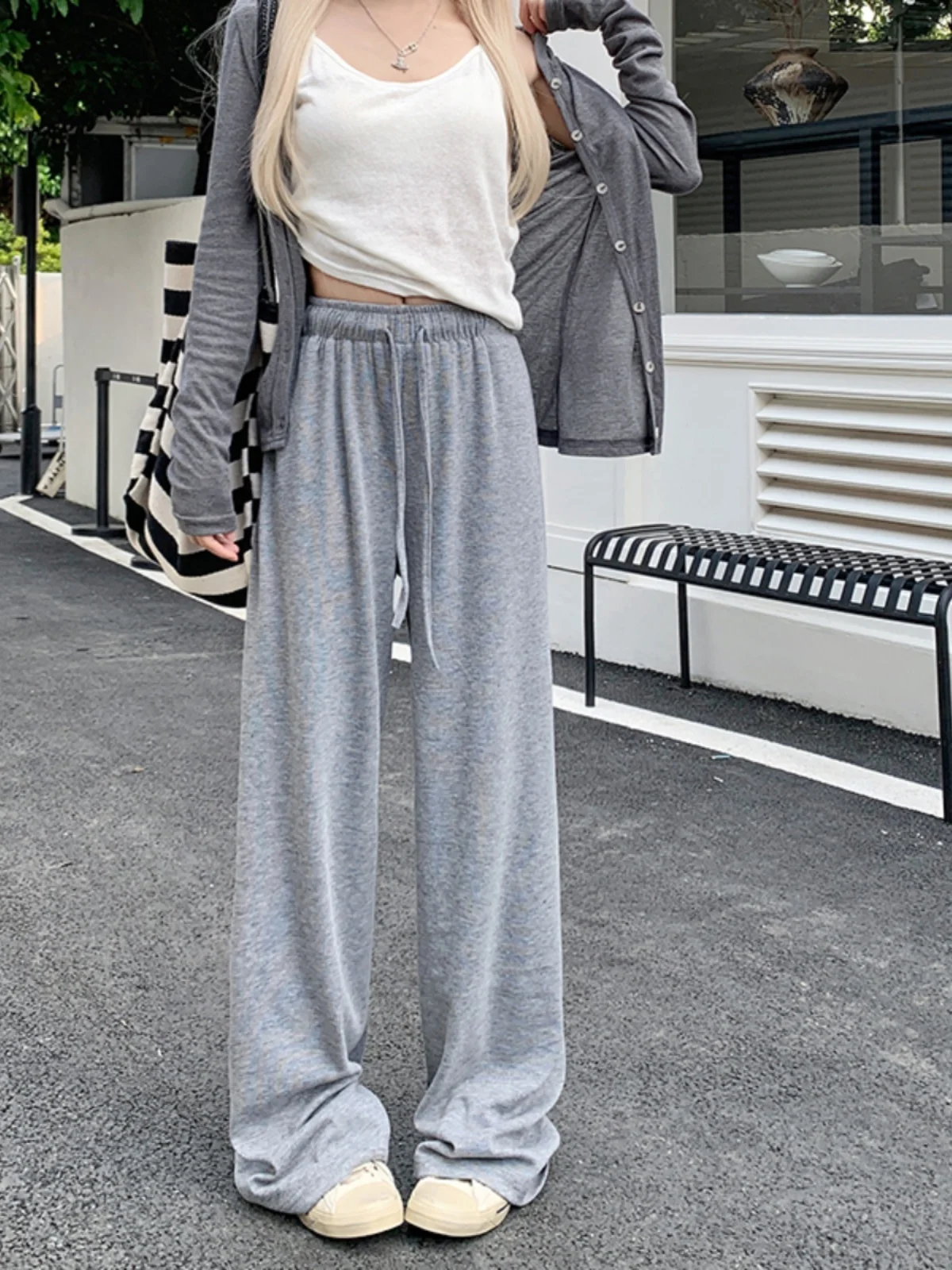 Drawstring Elastic High Waisted Floor Length Casual Pants For Women In Spring 2025 New Versatile Sweatpants Solid Grey Black