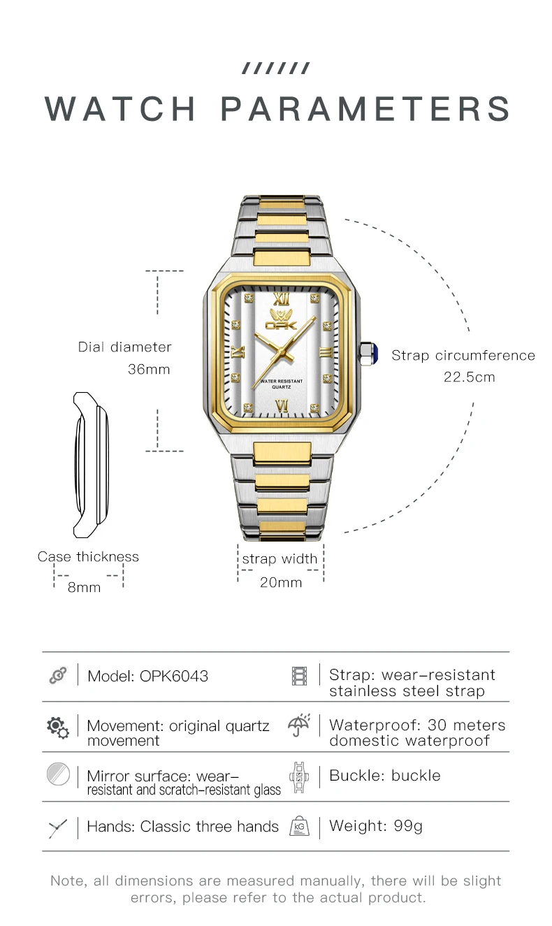 OPK 6043 Original Quartz Watches for Men Fashion Square Dial Roman