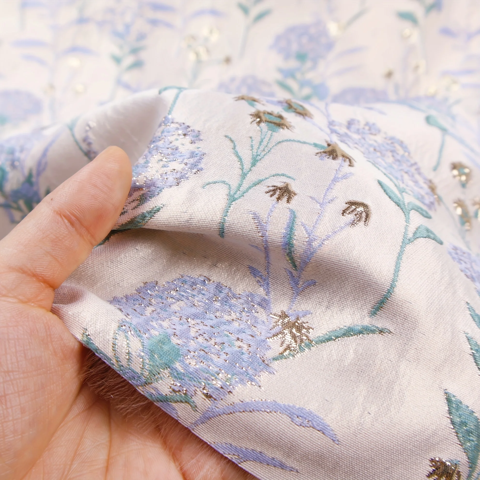 2 Yards of Glossy Micro-Profile Blue Hydrangea Super Fairy Stereo Relief Jacquard Fabric Half Skirt Suit Handmade Fabric