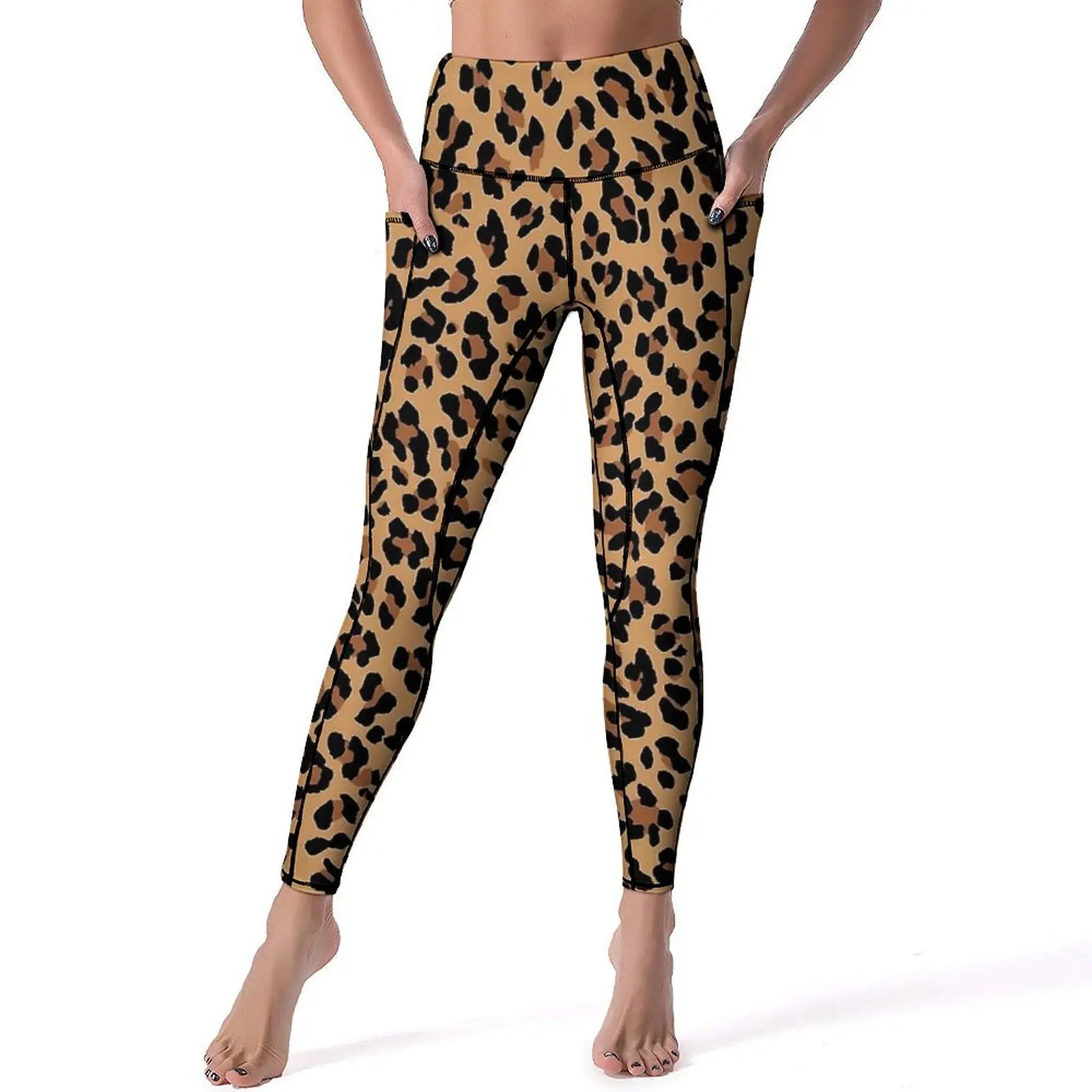 Tan Leopard Print Leggings Animal High Waist Yoga Pants Retro Stretch Yoga Legging Women Graphic Fitness Gym Sports Tights