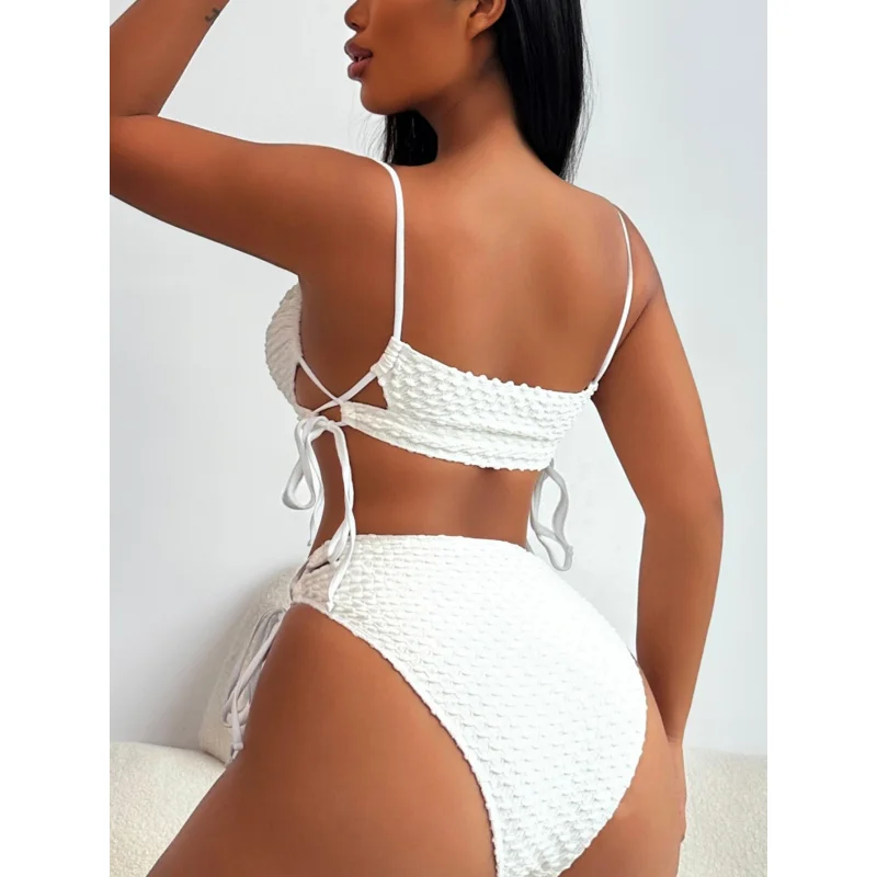 Luanguo New Style Bikini Off-White Sexy Swimsuit for Women-Split-Drawstring SwimwearLG398