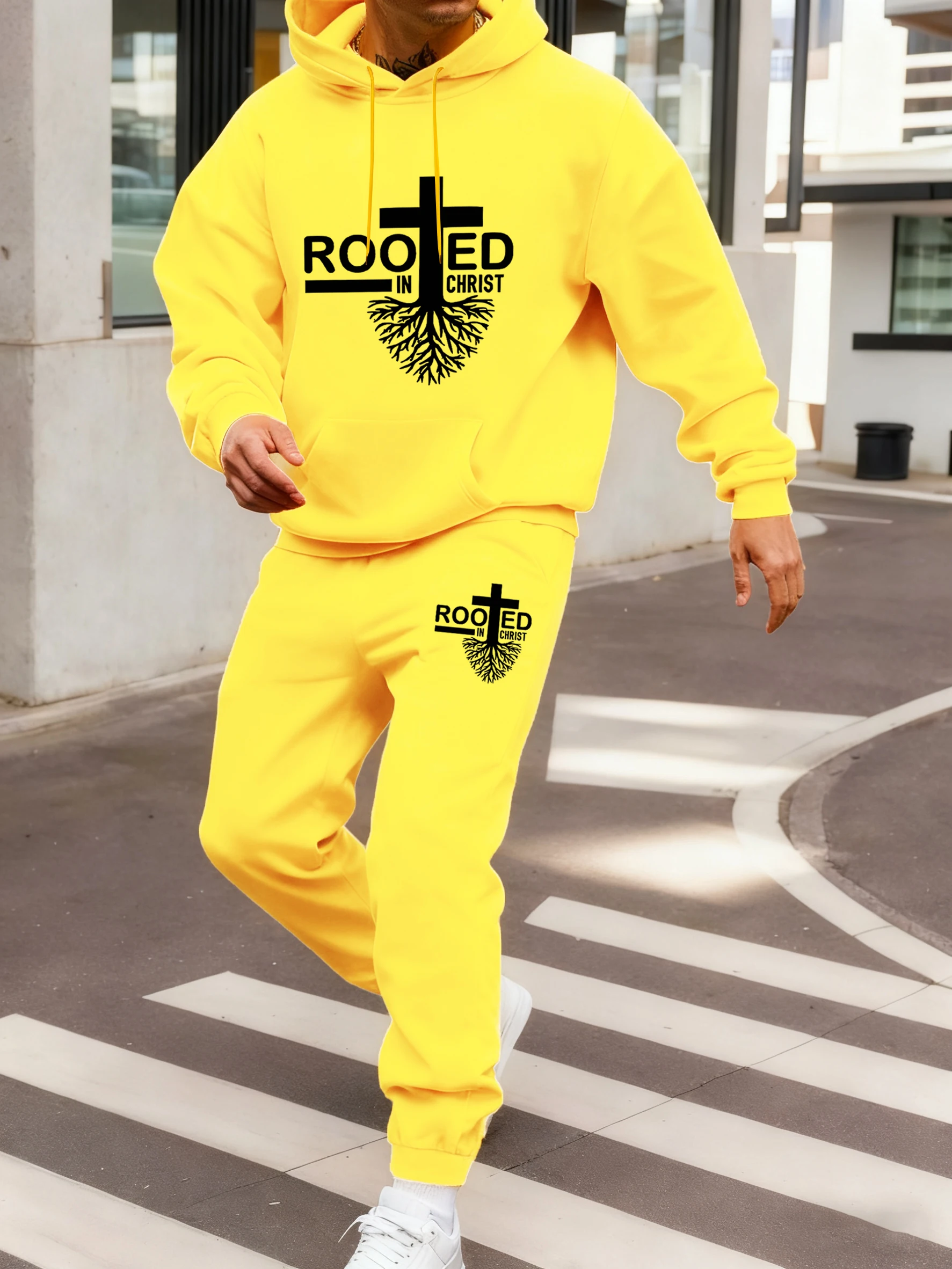 

Rooted In Christ Pattern Men Hoodie Set Casual Loose Pants Pocket Fleece Pullover Sport Elastic Waist Sweatpants Comfy Soft Top