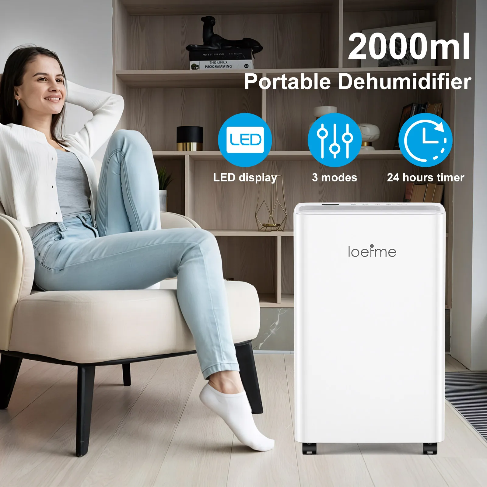 LOEFME 12L/day 2-in-1 dehumidifier with 2L water tank, prevents moisture and condensation, suitable for, living room,mobile home