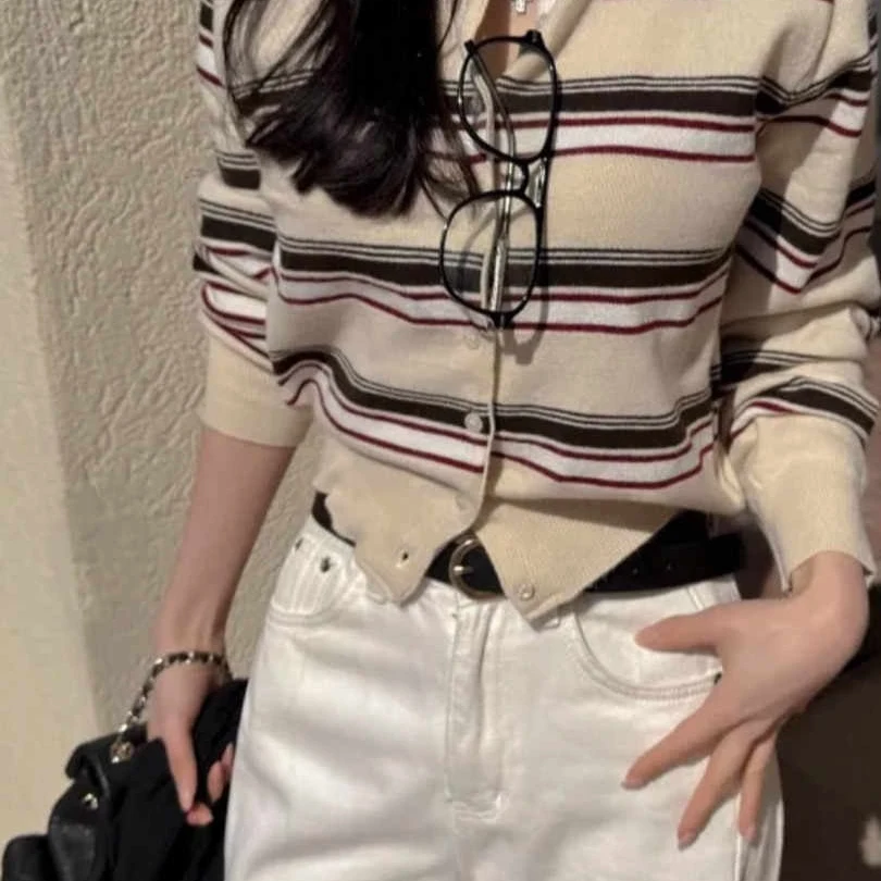 

Slimming Contrast Color Striped Basic Versatile Single Button Knitted Casual Women's Open Cardigan Soft Knit Long Sleeve roun...