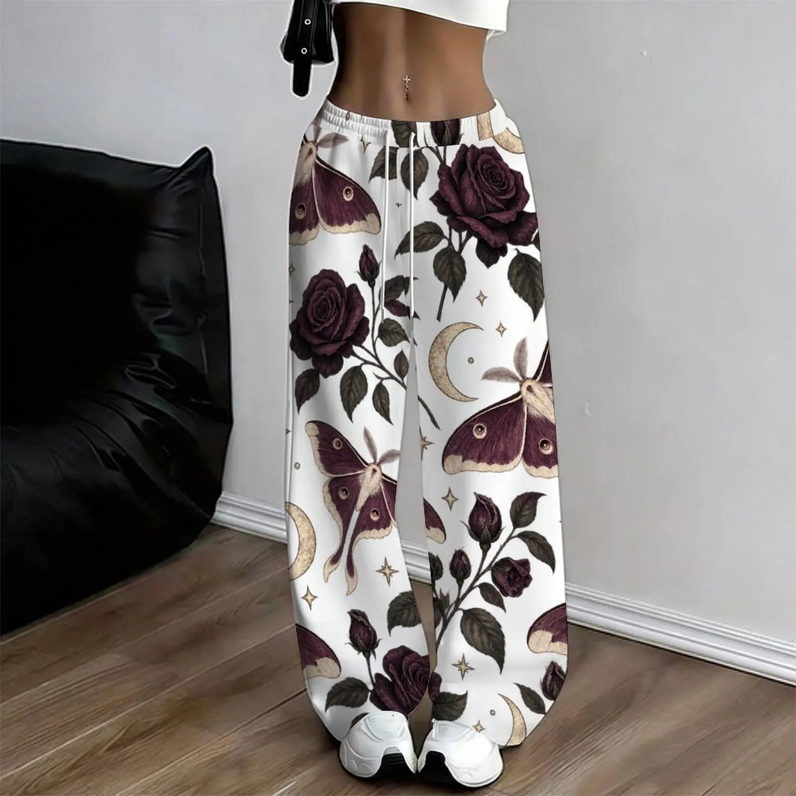 Women Loose Straight Leg Full Length Pants, Dark Purple Rose Moth Moon Star Print White Casual Trousers