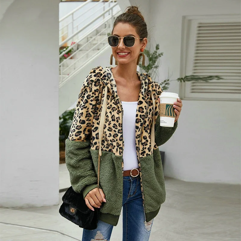 Autumn Winter Leopard Sweatshirts Women 2024 Long Sleeve Hooded Hoodies Casual Zipper Thick Hoodie Top Warm Coat Polerones Mujer