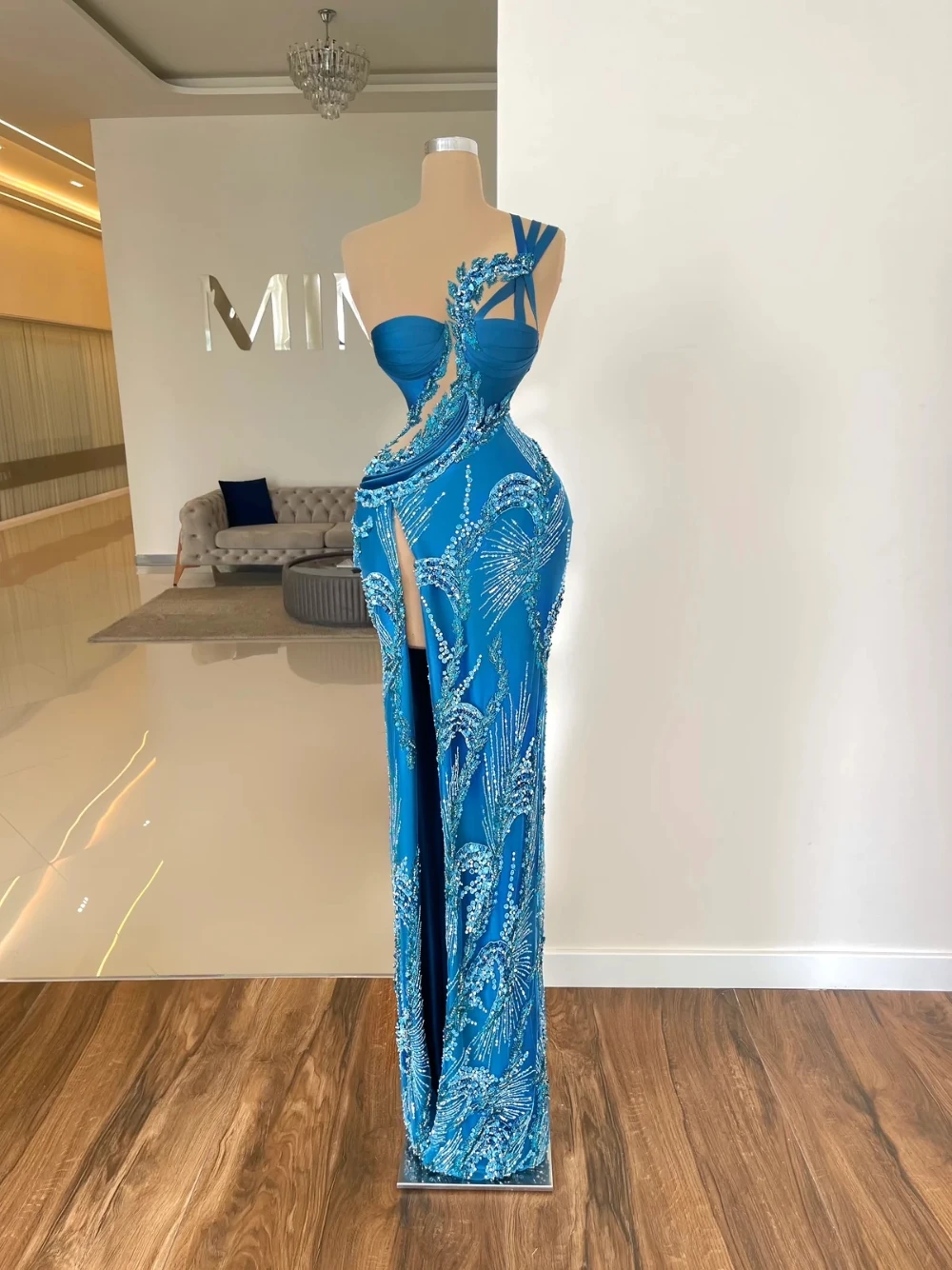 Exquisite One Shoulder Sexy Evening Dress Beaded Straight Cocktail Gown High Slit Formal Occasions Delicate Customized Prom Wear