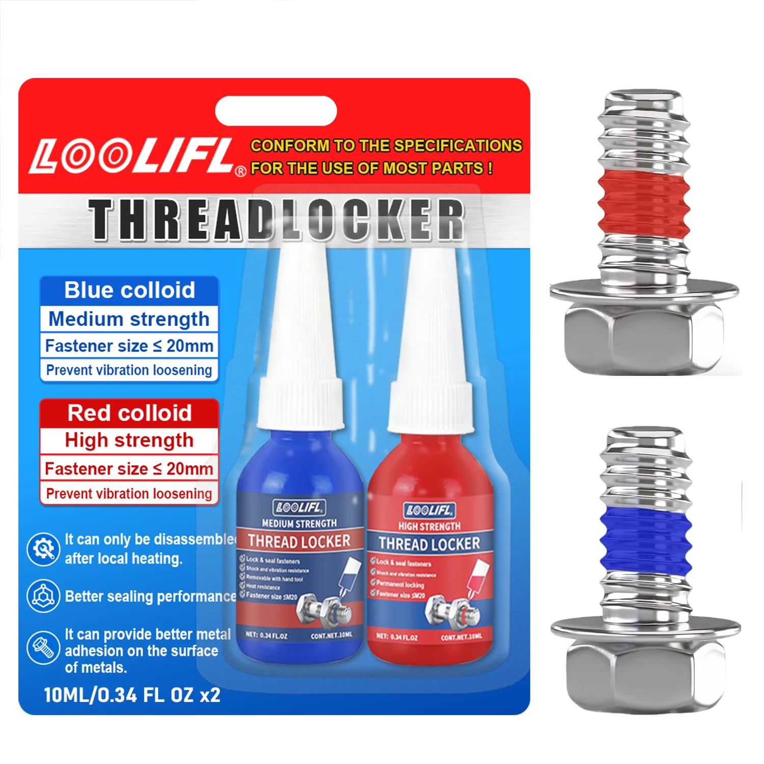 LOOLIFL Blue Thread Locker 243 Nuts-Bolts Locker, Screw Adhesive Lock Tight Seal Fasteners Anaerobic Curing Metal Glue,Rustproof