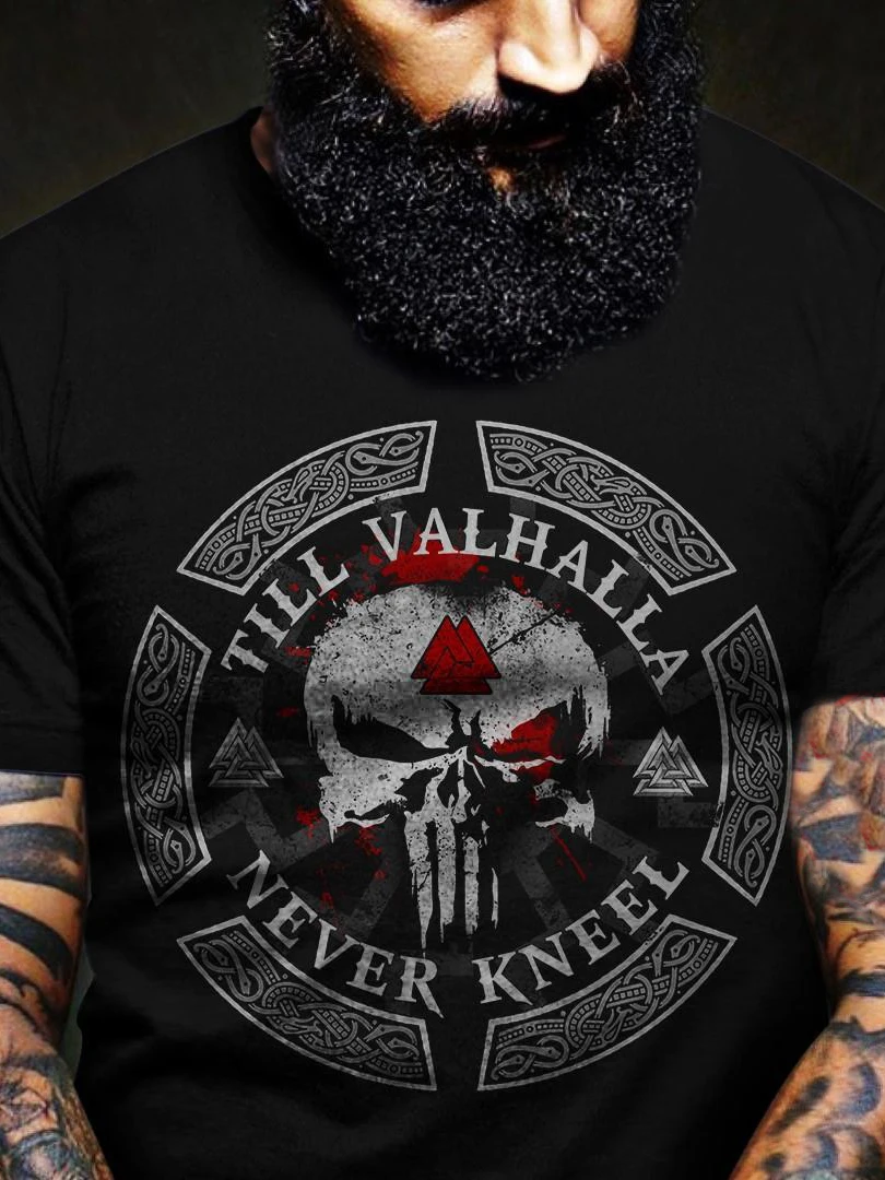 Till Valhalla Never Kneel  Warrior Tactical Rune Skull T-Shirt New 100% Cotton Short Sleeve O-Neck T Shirt Casual Mens Top