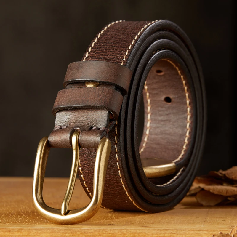 

Handmade Vintage Genuine Leather Thickened Belt For Men Full Grain Cowhide Retro Pure Copper Pin Buckle Strap Casual Jeans Belt