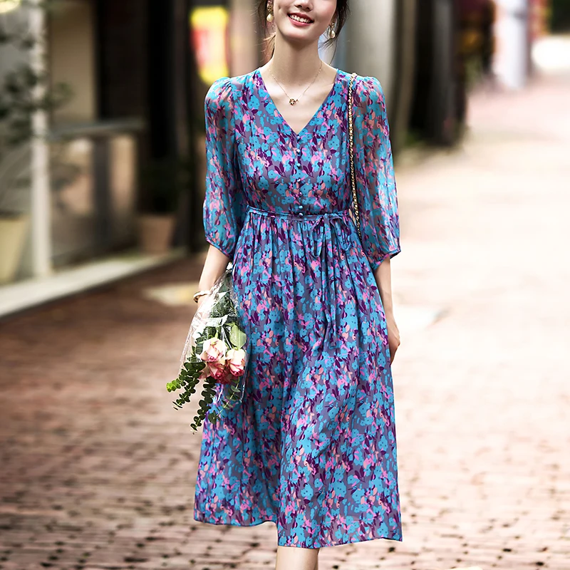 

New Elegant Fashion Dresses Women Summer V-neck Three Quarter Sleeve Women's Print Dress A-line 100% Real Silk Long Dress