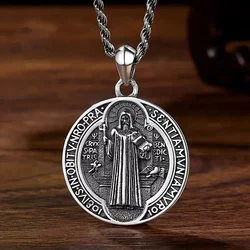 Catholic Exorcist Saint Benedict Cross Round Pendant Necklace Retro Religious Amulet Jewelry Men Women