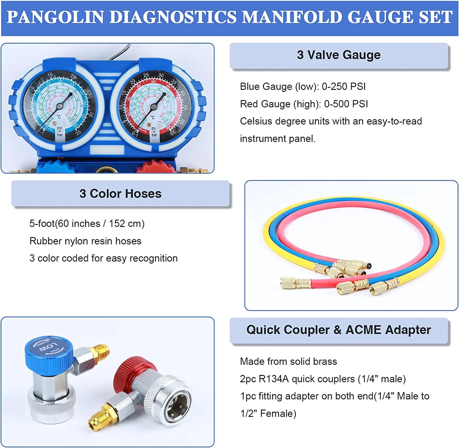 Home AC Diagnostic Manifold Freon Gauge Set Adjustable Brass Couplers 1/4\