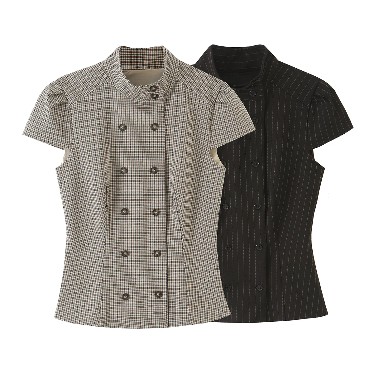 BSAY 2026 Neue Retro Preppy-Style Damen Bluse mit Stehkragen, Doppelreihig, Kurzarm, Schmal Geschnitten, Kariert und Gestreift, Arbeitsbluse – Detail 2