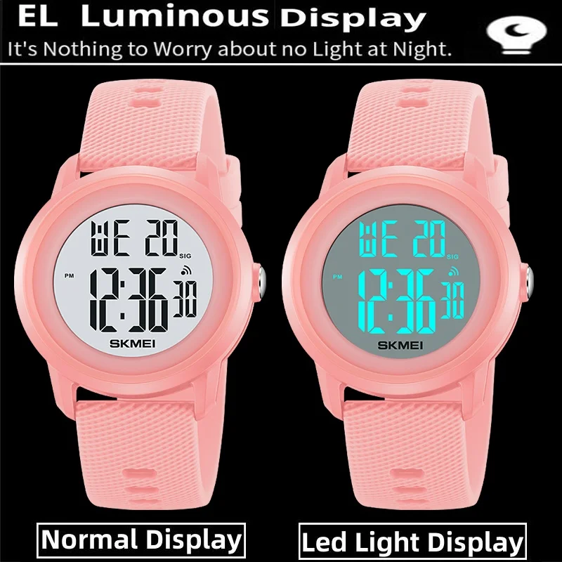 Skmei Women\'s Wristwatch Fashion Silicone Strap 50M Waterproof Swimming Sports Stopwatch LED Light Digital Ladies Watches