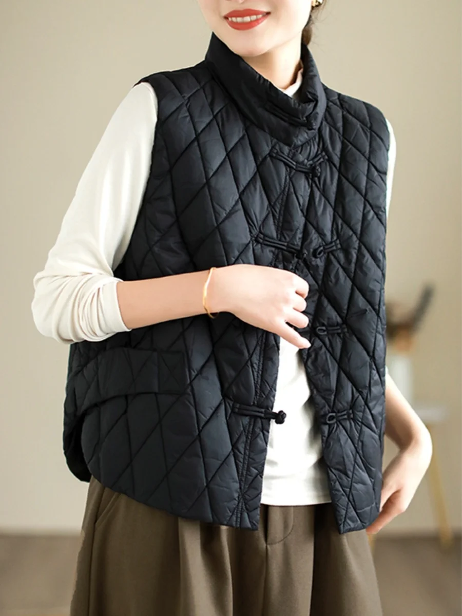 

Retro Button down Quilted Cotton Vest Women's Outerwear Fall Winter Faion Versatile Warm oulder Pad Jaet