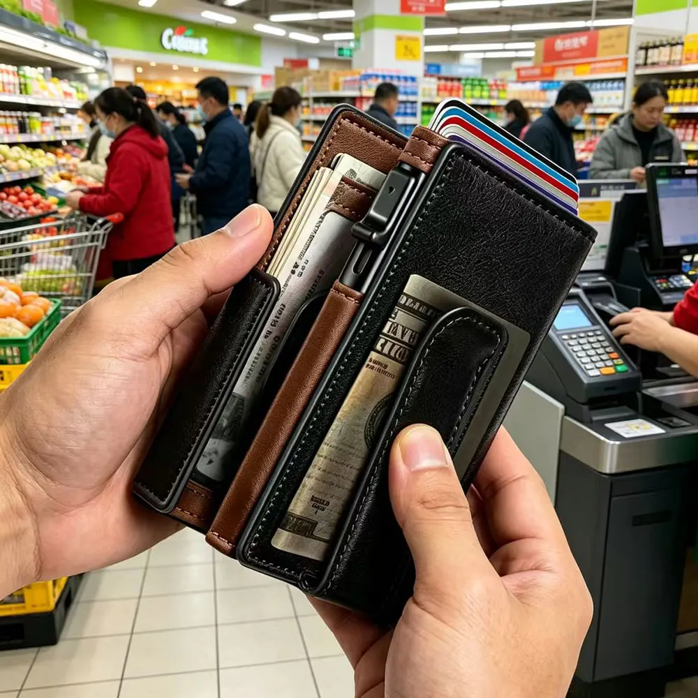 Microfiber Leather Wallet for Men, with Money Clip Smart Slim Pop up Credit Card Holder Flip with Magnetic Closure RFID Blocking