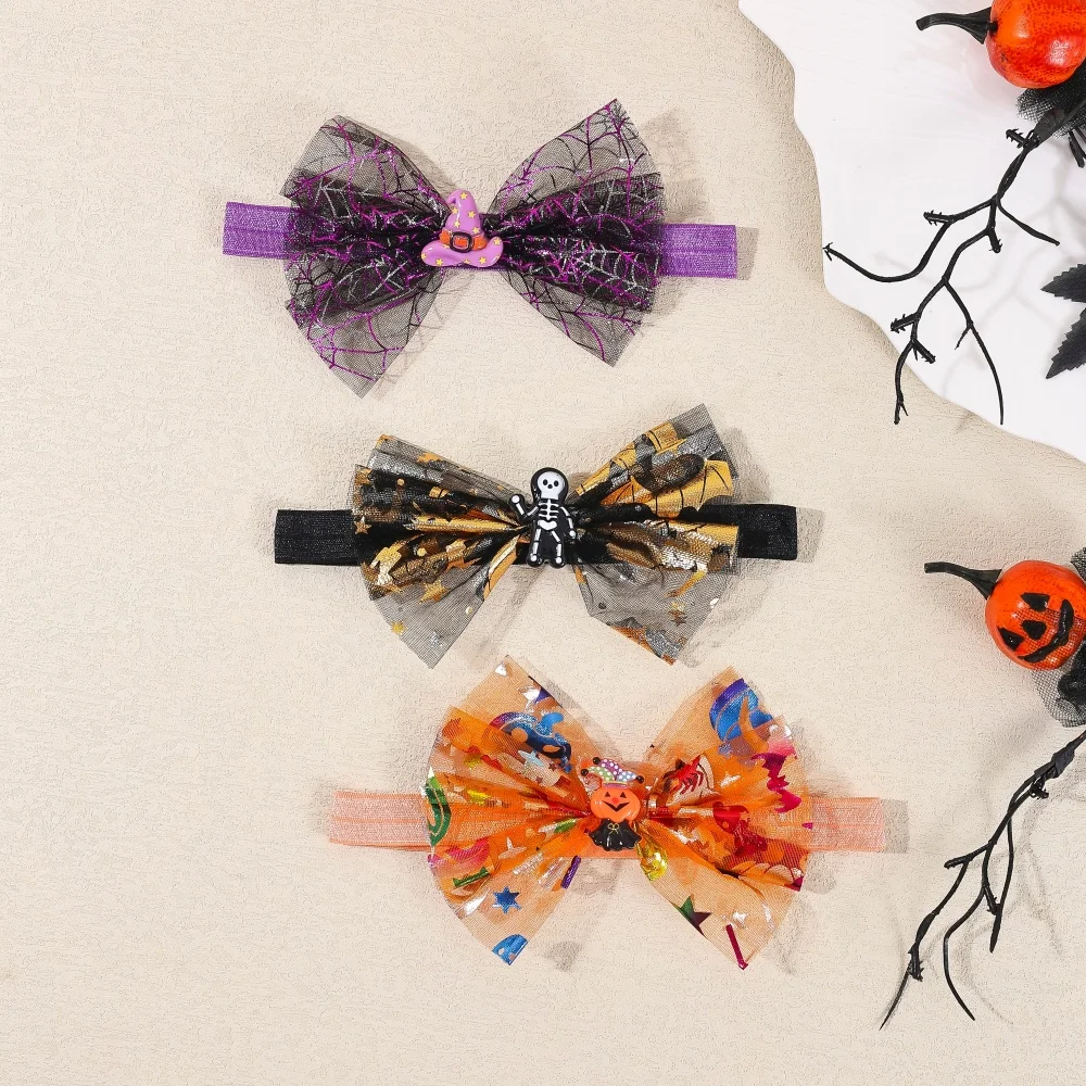 Halloween Baby Headbands Cartoon Pumpkin Skeleton Witch Hat Children Hairband Handmade Mesh Bowknot Infant Hair Accessories