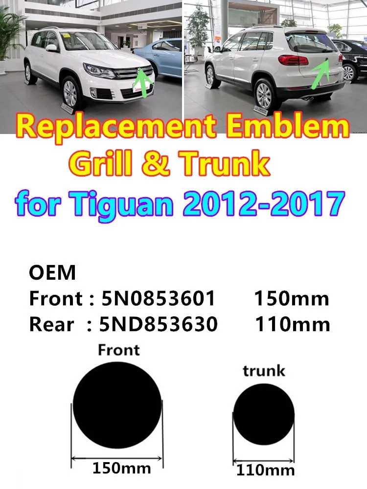 2 szt. 3D ABS Logo Samochodowe na Grill Przedni, Emblemat na Klapę Bagażnika, Akcesoria Zamienne do Tiguan 5N0853601 5ND853630 2012-2017 — 2