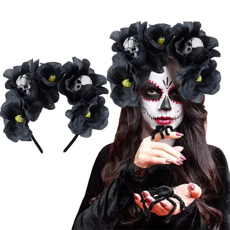 Halloweenowa róża z pałąkiem na głowę czaszka opaska do włosów czarna korona kwiatowa dzień zmarłych chluba gotyckie akcesoria kostiumowe dekoracje na Halloween