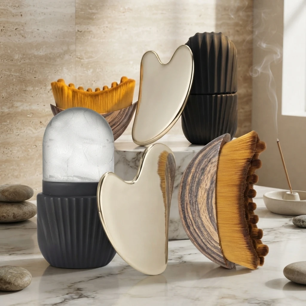 4/1 Stück Edelstahl Gua Sha Board Eis-Gesichtsroller Lymphdrainage-Bürsten-Set Gesichtsmassage-Kit Schönheits-Hautpflege-Werkzeuge