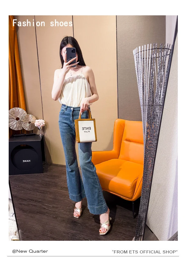 2024 Summer New Square Headed Crystal Heels Wearing High Heel Sandals and Slippers Crossed with Diamond Slippers for Women