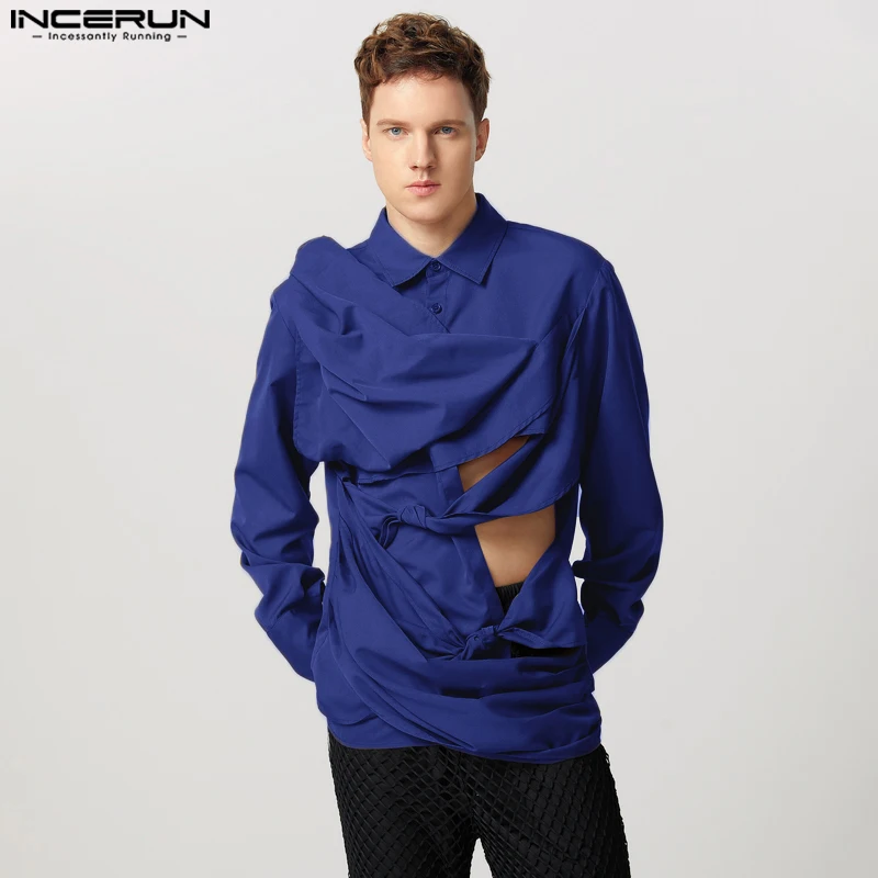 Fashion Casual Style Tops INCERUN 2025 Men's Twisted Design Shirt Handsome Male Solid Hollow All-match Long Sleeved Blouse S-5XL