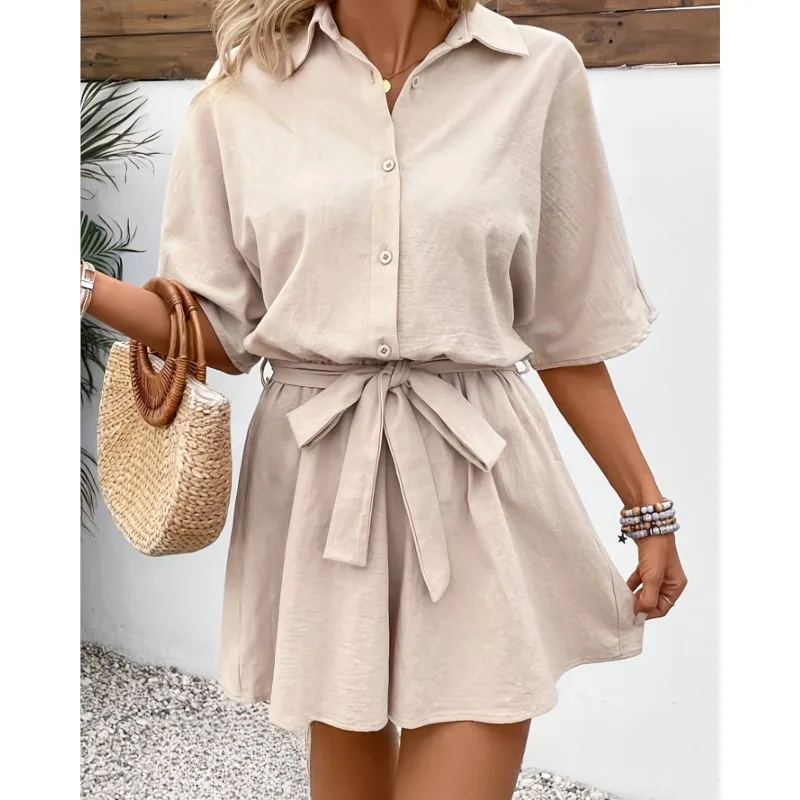 

Новый женский комбинезон 2026 года: однотонный, на пуговицах, с завязками на талии, короткий рукав, повседневный