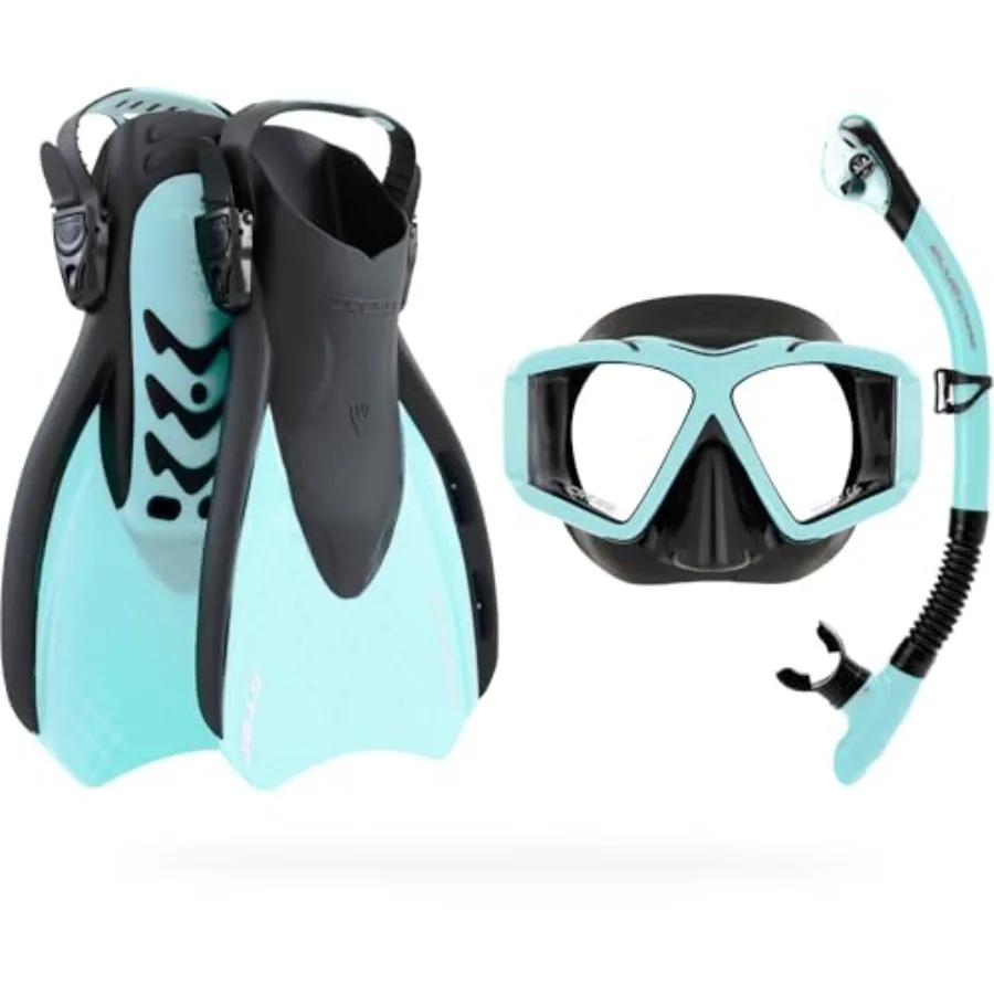 

Traveler Set - Adult Snorkel Set for Ocean Exploration - Silicone Mask, Dry Top Snorkel and Lightweight Fins - Black/Blue - Wid