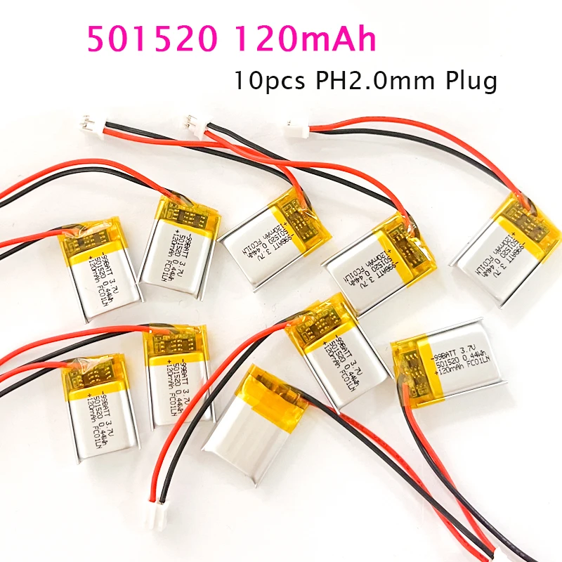 10 Stück 501520 120 mAh Akku 3,7 V Polymer-Lithium-LiPo-Akku für Bluetooth-Headset-Lautsprecher GPS MP3 Selfie-Stick
